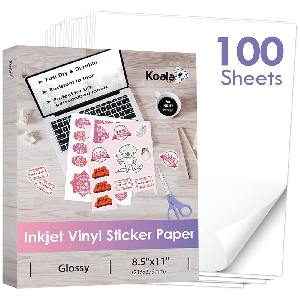 Printable Vinyl Sticker Paper for Inkjet Printers - 100 Sheets -Glossy White